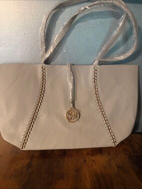 Badgley Mischka Light Gray Chain-Trim Tote Bag with Gold Medallion-New with Tags